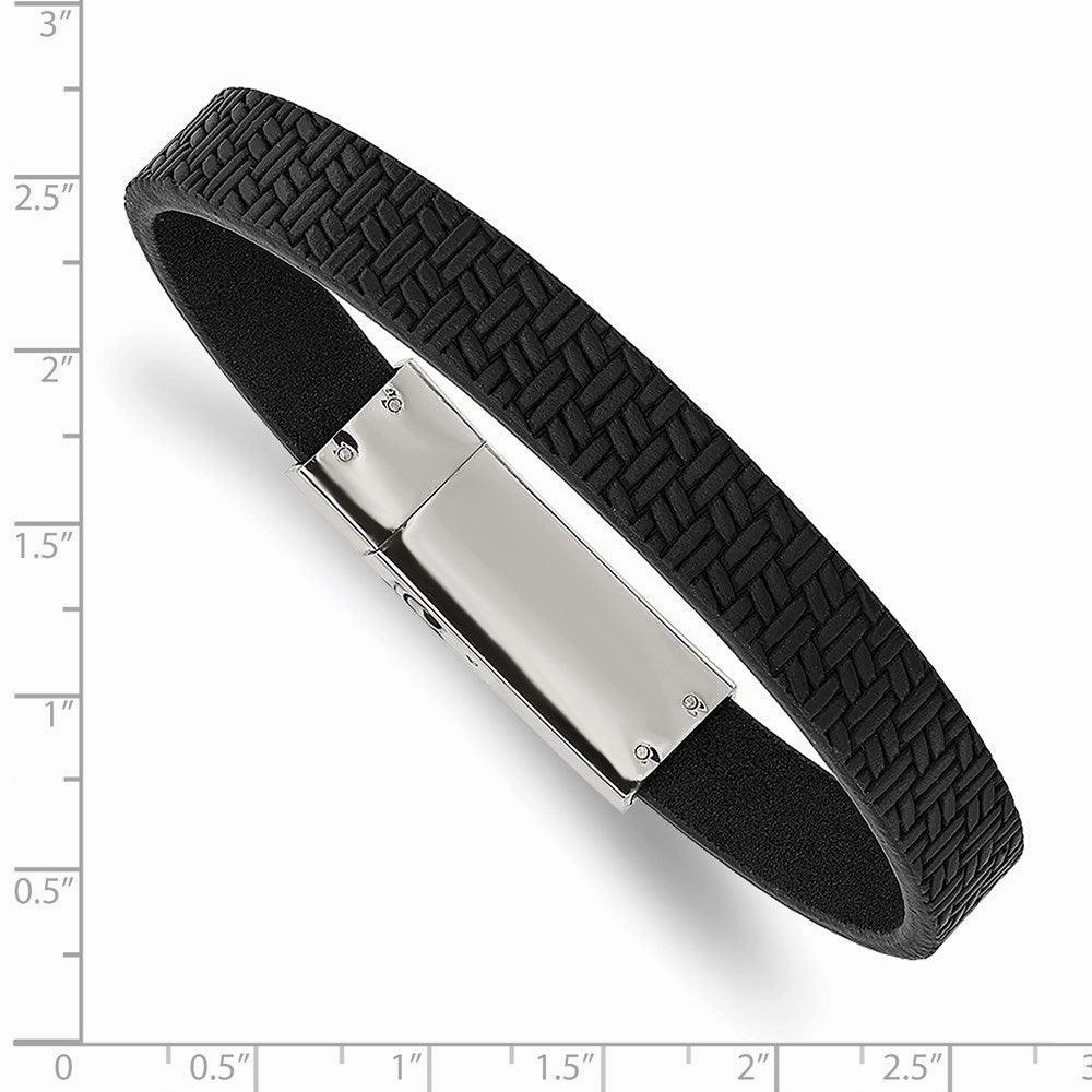 Stainless Steel Polished Textured Black Leather 8.5in Bracelet