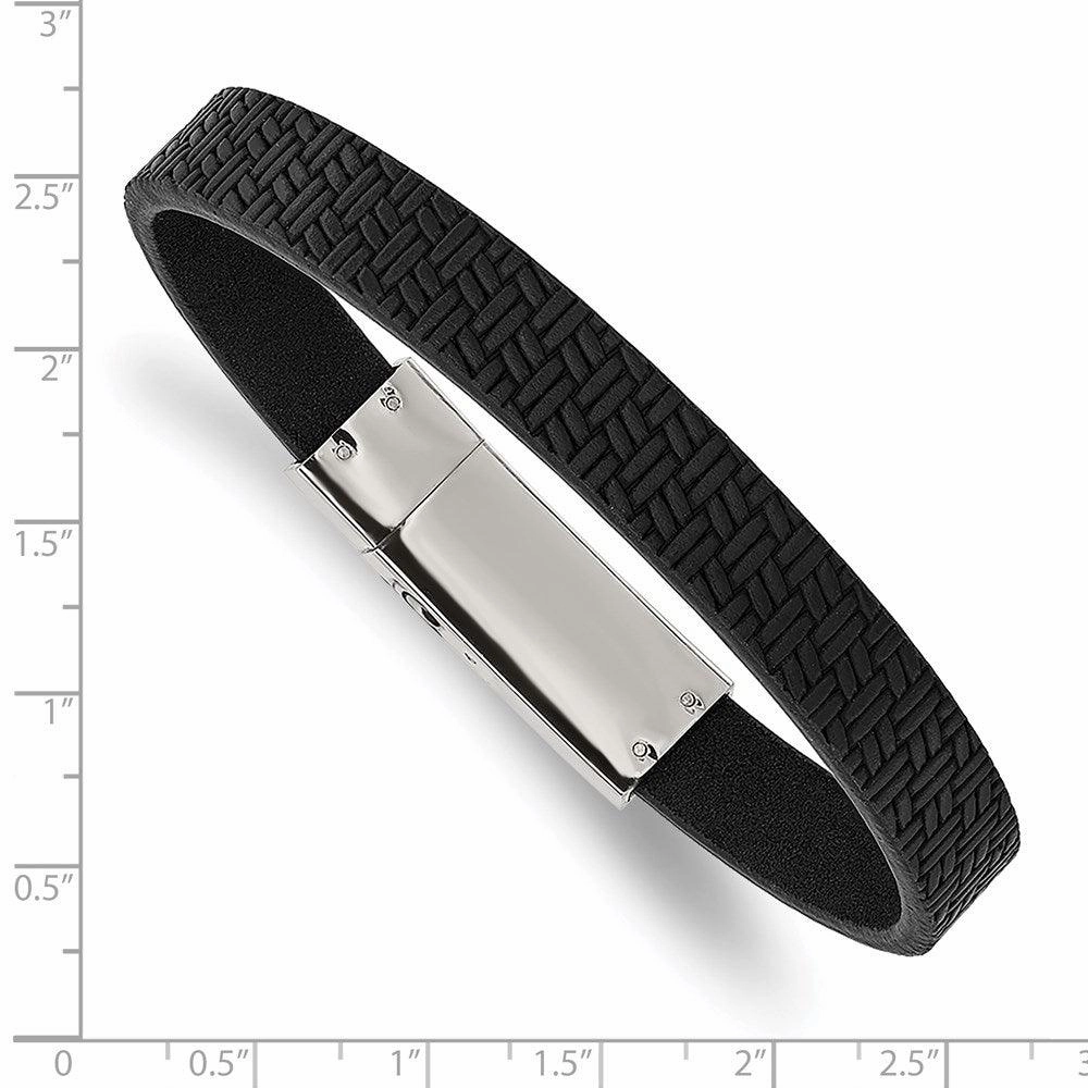 Stainless Steel Polished Textured Black Leather 8.5in Bracelet