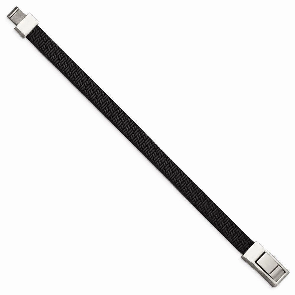 Stainless Steel Polished Textured Black Leather 8.5in Bracelet