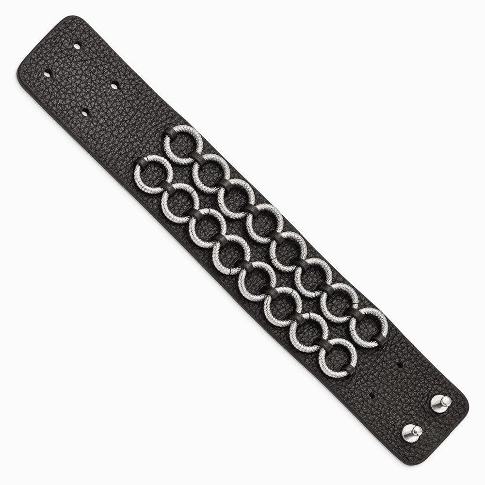 Stainless Steel Polished Textured Black Leather Bracelet
