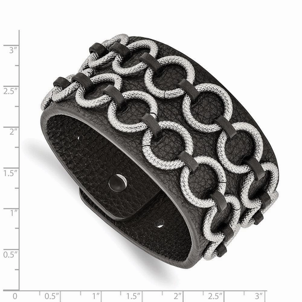 Stainless Steel Polished Textured Black Leather Bracelet