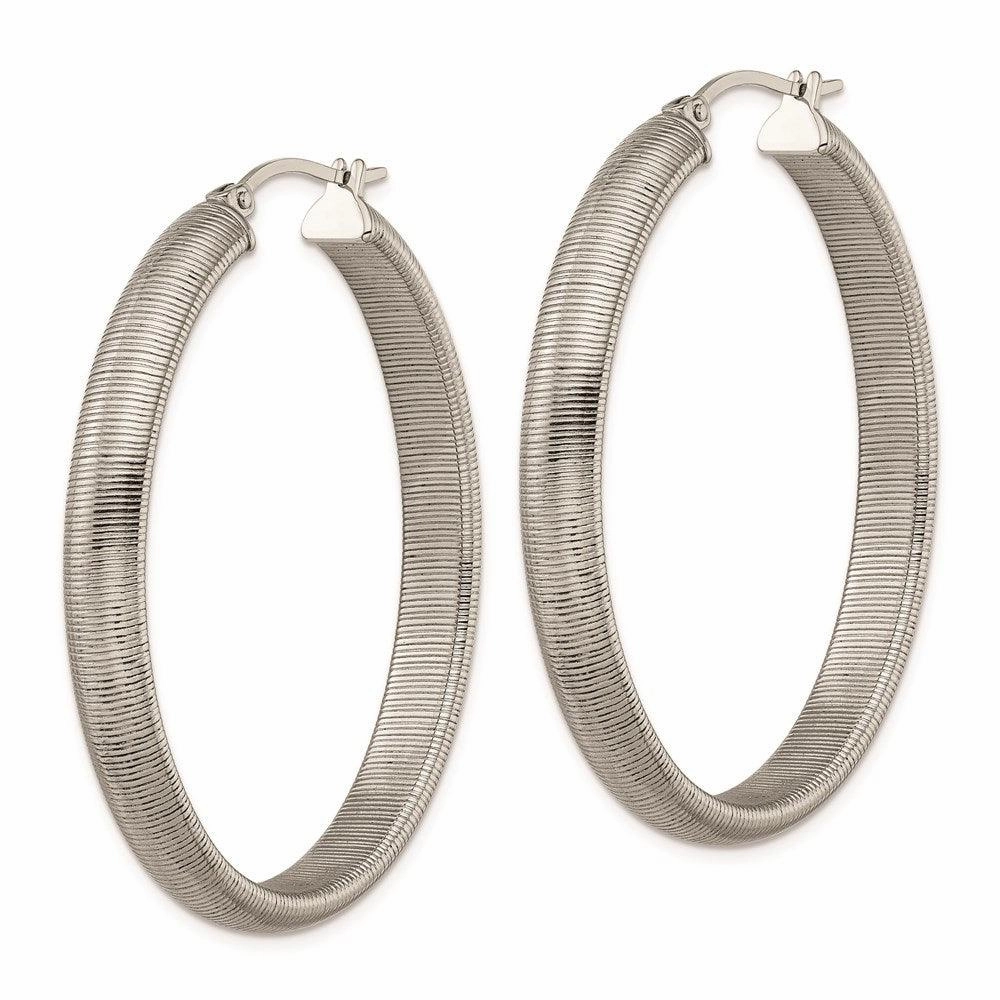 Stainless Steel Polished Textured Oval Hoop Earrings