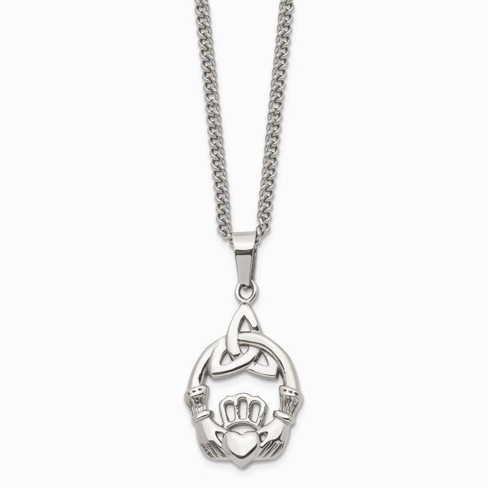 Stainless Steel Polished Trinity Knot and Claddagh Necklace