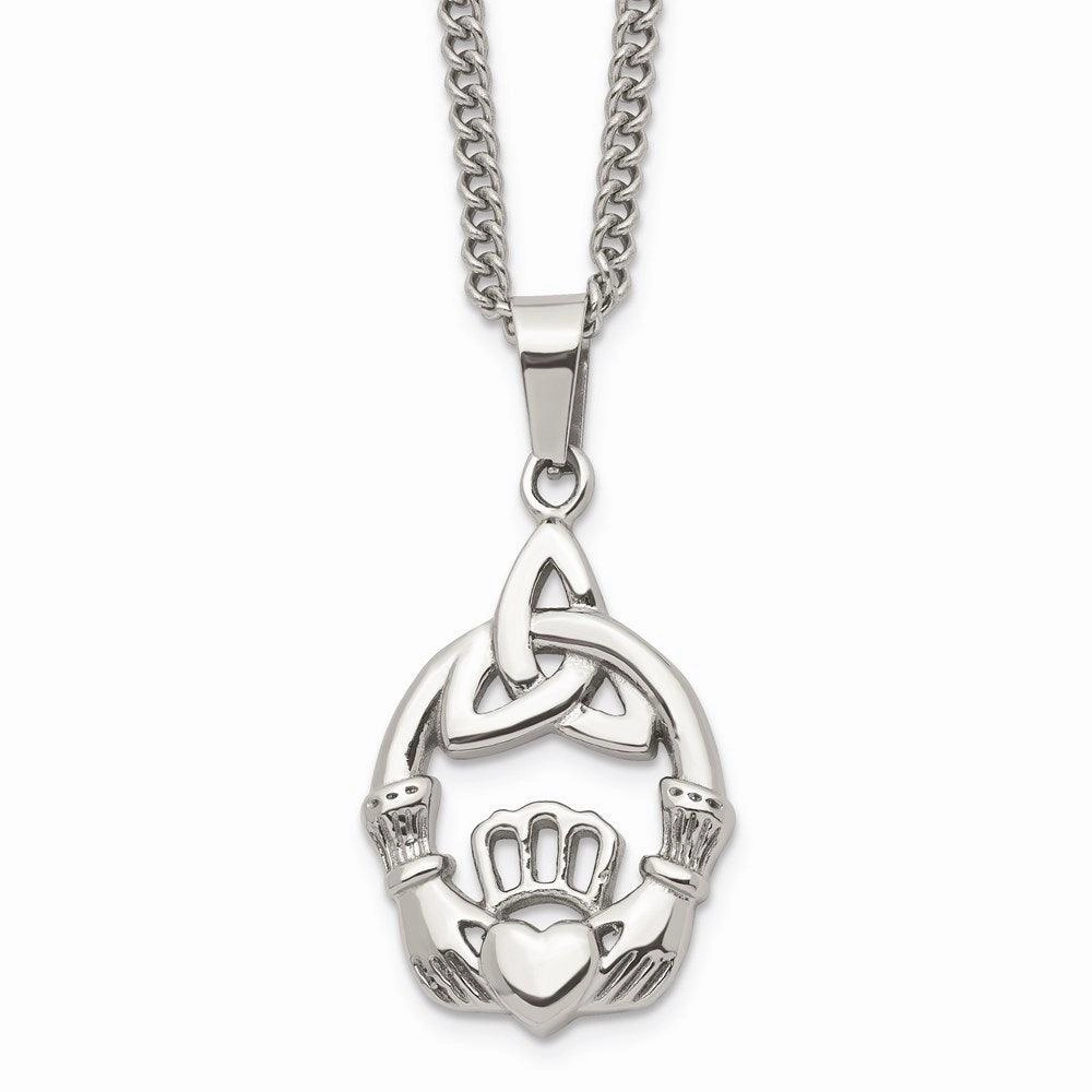 Stainless Steel Polished Trinity Knot and Claddagh Necklace