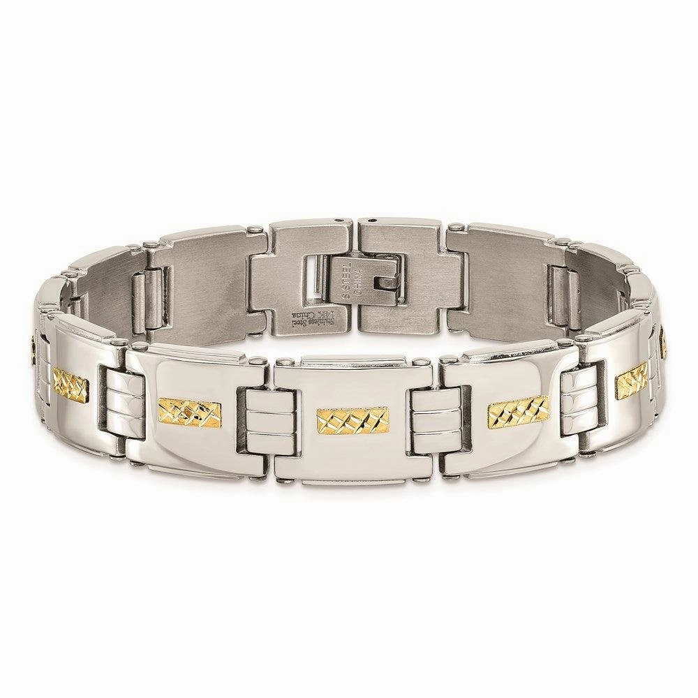Stainless Steel Polished w/14k Gold D/C Link Bracelet