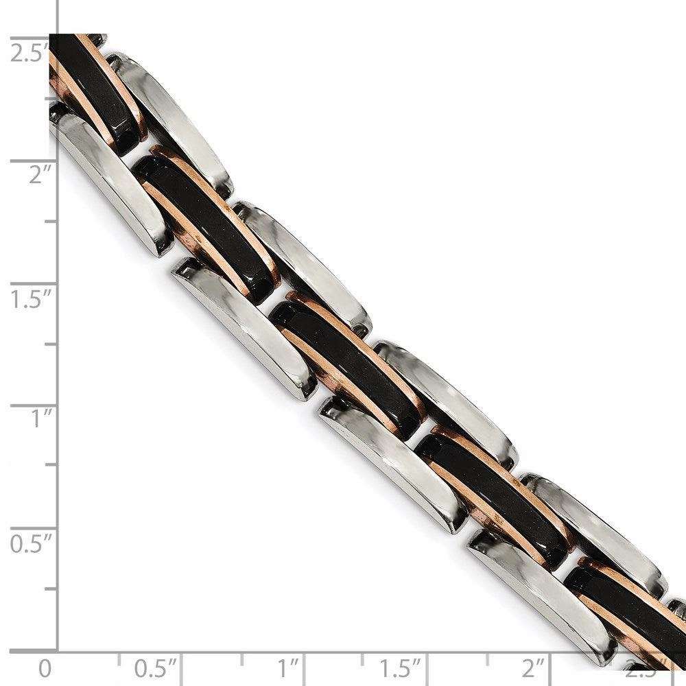 Stainless Steel Polished w/Black & Rose IP-plated 8.5in Link Bracelet