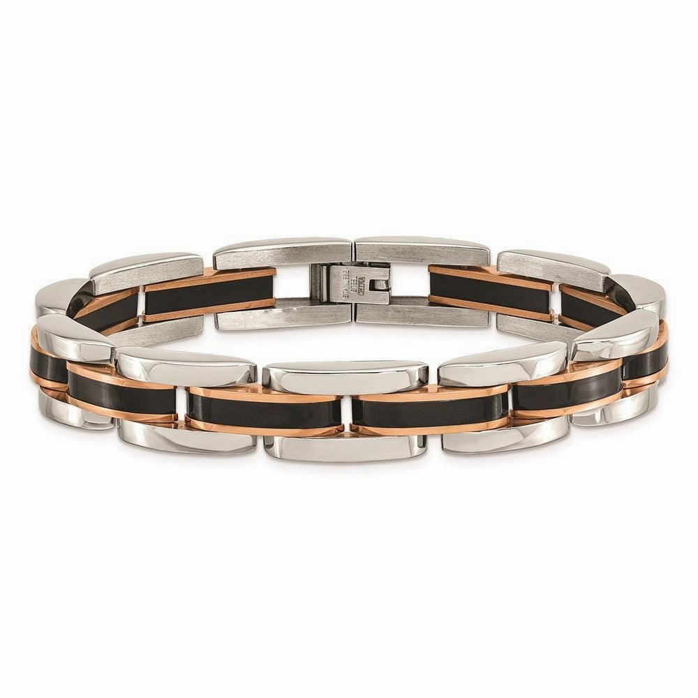 Stainless Steel Polished w/Black & Rose IP-plated 8.5in Link Bracelet