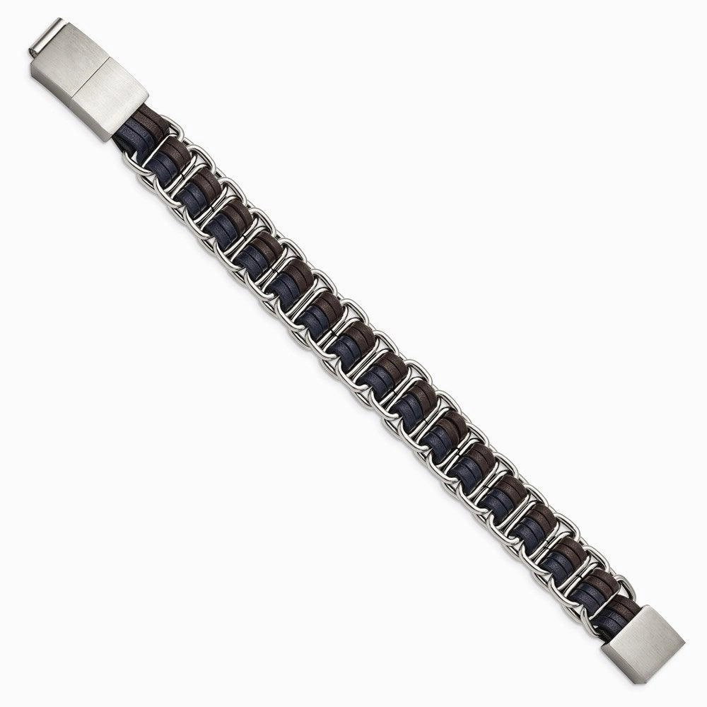 Stainless Steel Polished w/Blue and Brown Leather w/.5in ext 8in Bracelet