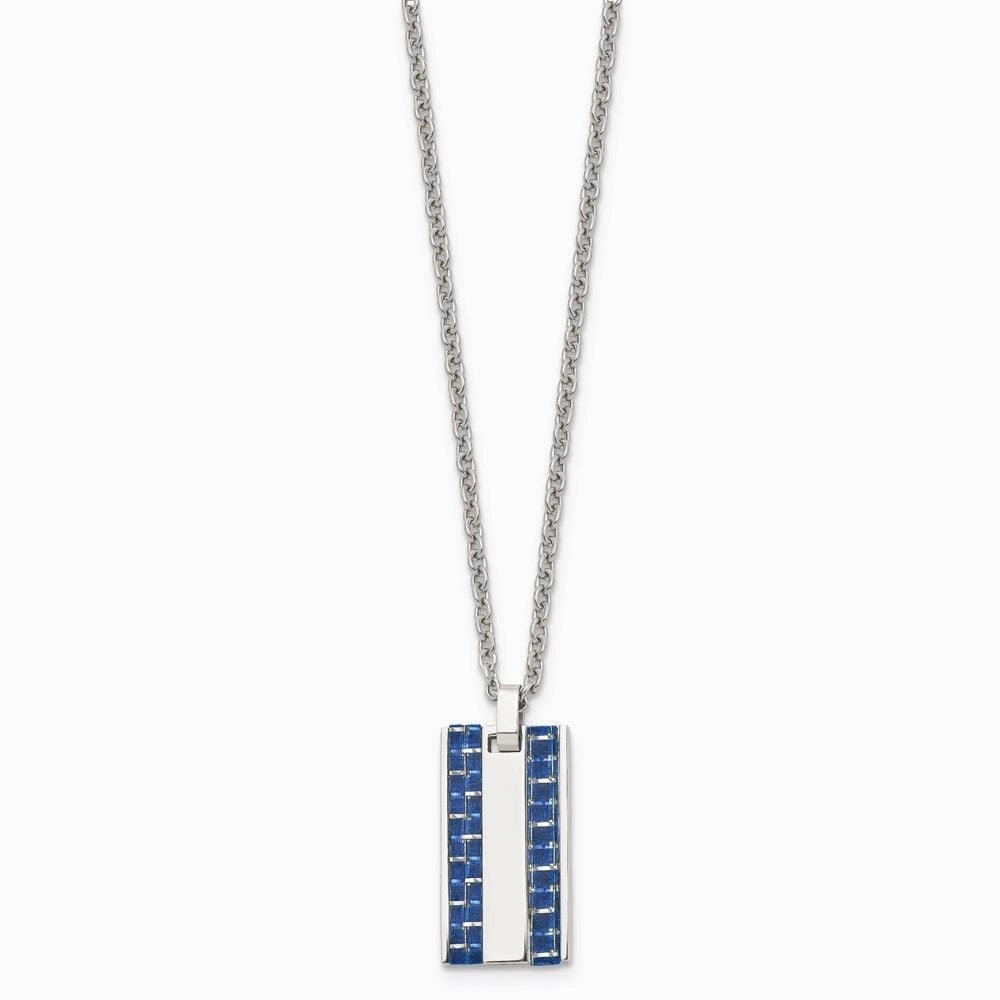 Stainless Steel Polished w/ Blue Carbon Fiber Inlay Small Dogtag Necklace