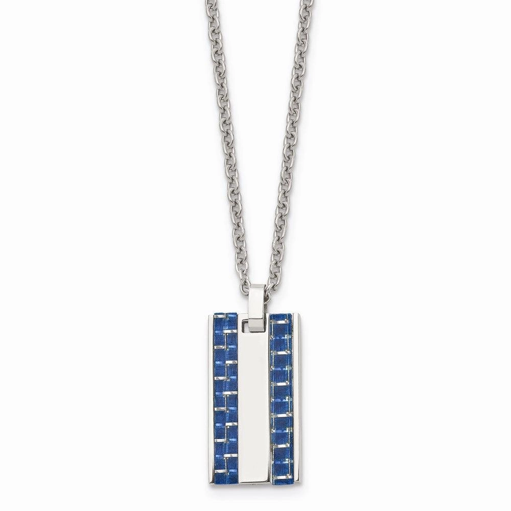 Stainless Steel Polished w/ Blue Carbon Fiber Inlay Small Dogtag Necklace