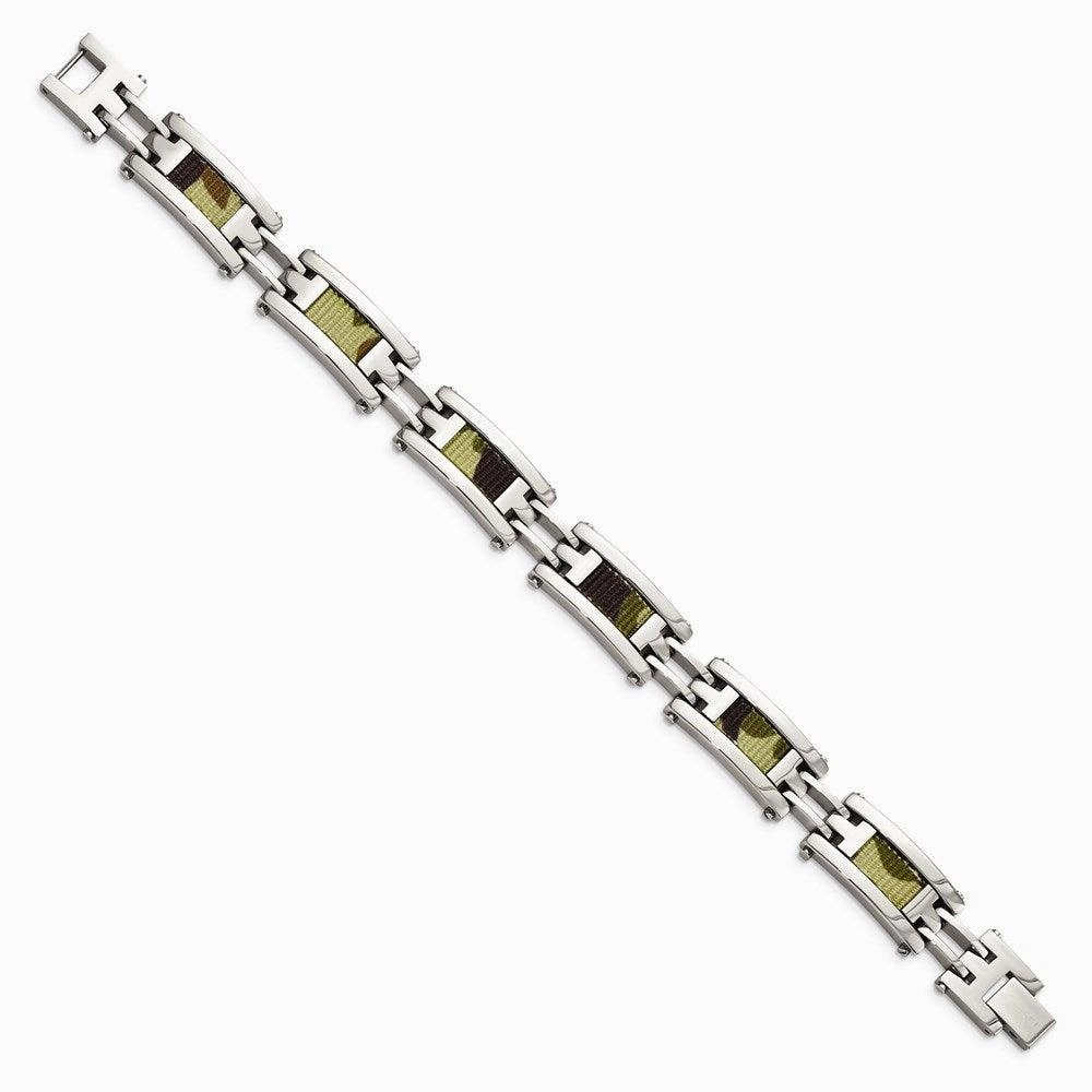 Stainless Steel Polished w/Brown Camo Fabric Inlay 8.75in. Link Bracelet