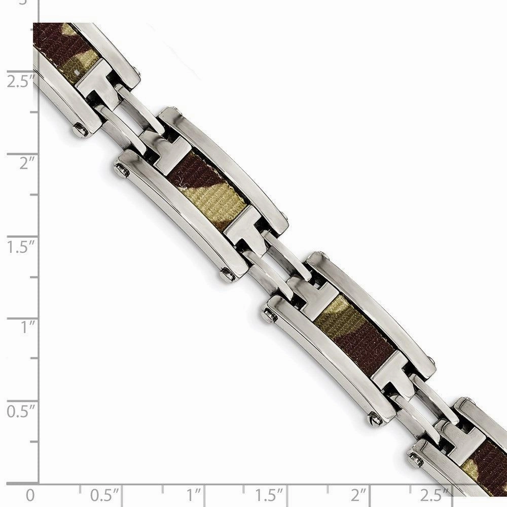 Stainless Steel Polished w/Brown Camo Fabric Inlay 8.75in. Link Bracelet