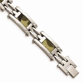 Stainless Steel Polished w/Brown Camo Fabric Inlay 8.75in. Link Bracelet