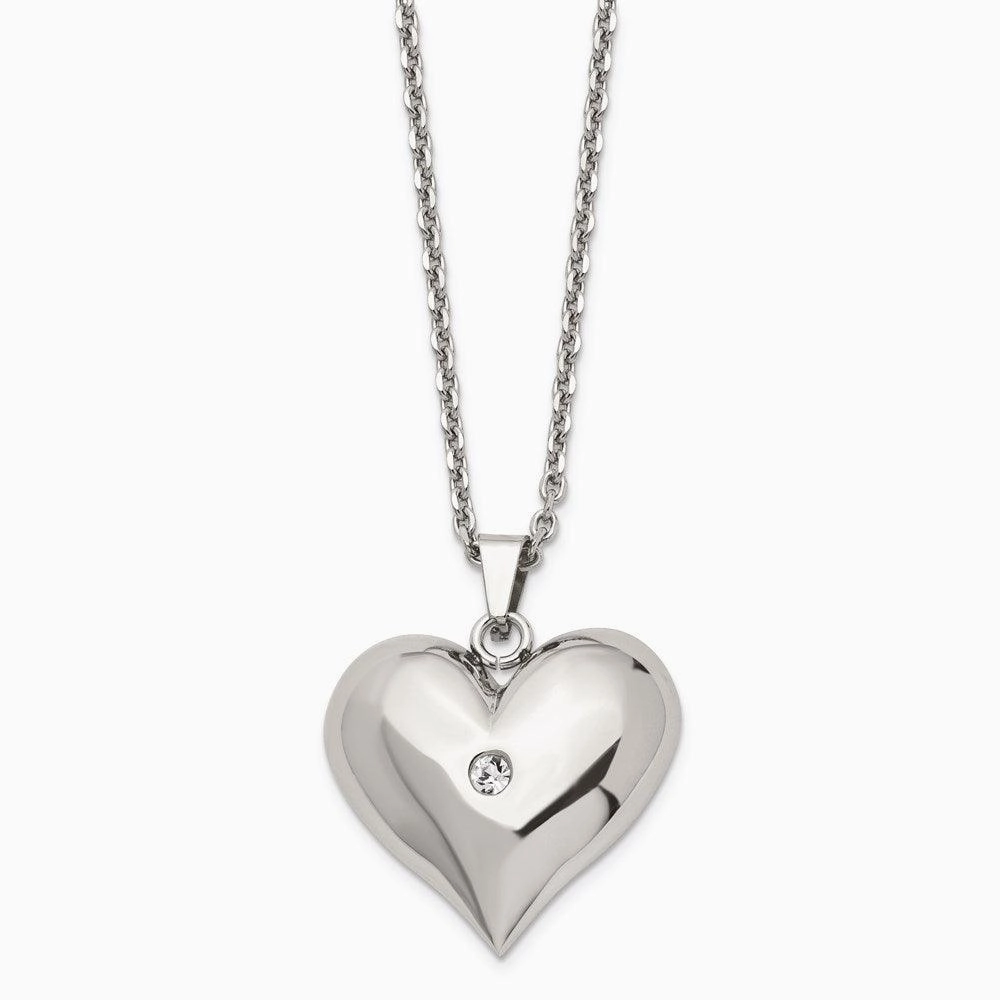 Stainless Steel Polished w/ Crystal Heart Necklace