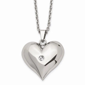 Stainless Steel Polished w/ Crystal Heart Necklace