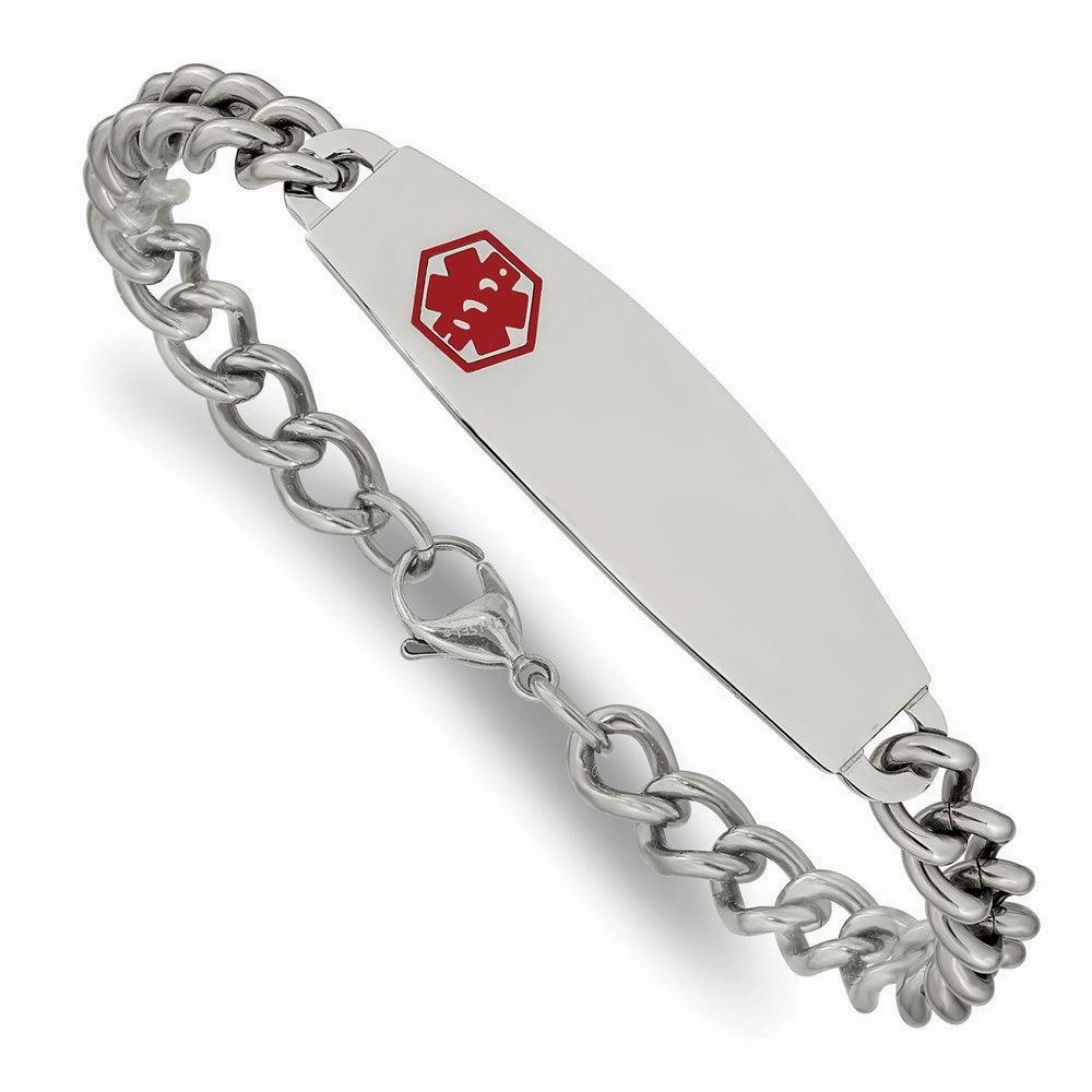 Stainless Steel Polished w/ Red Enamel 8.5in Medical Bracelet