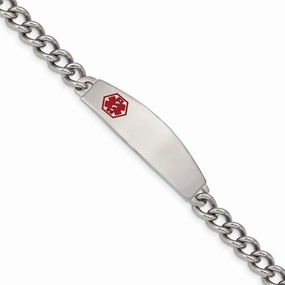 Stainless Steel Polished w/ Red Enamel 8.5in Medical Bracelet