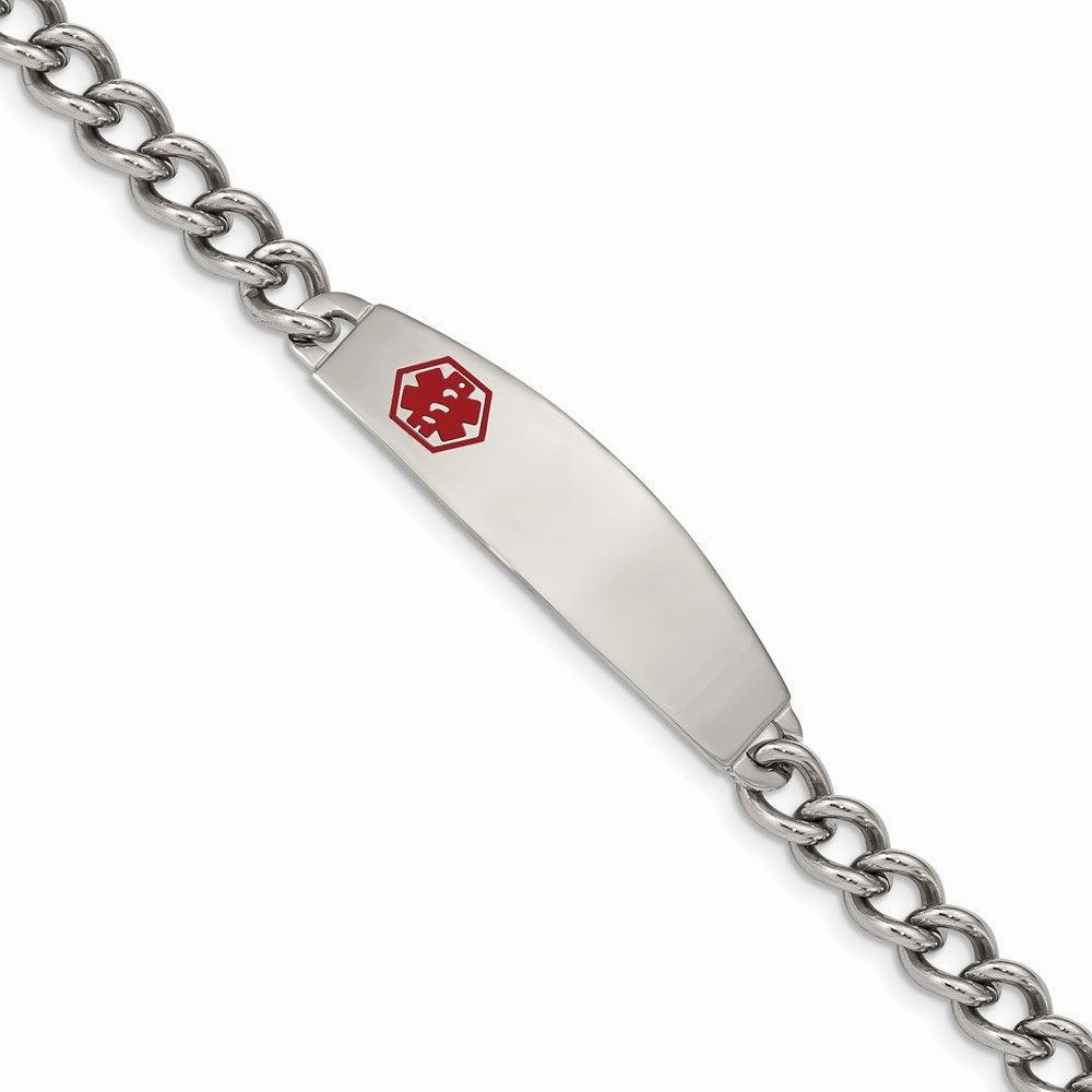 Stainless Steel Polished w/ Red Enamel 8.5in Medical Bracelet
