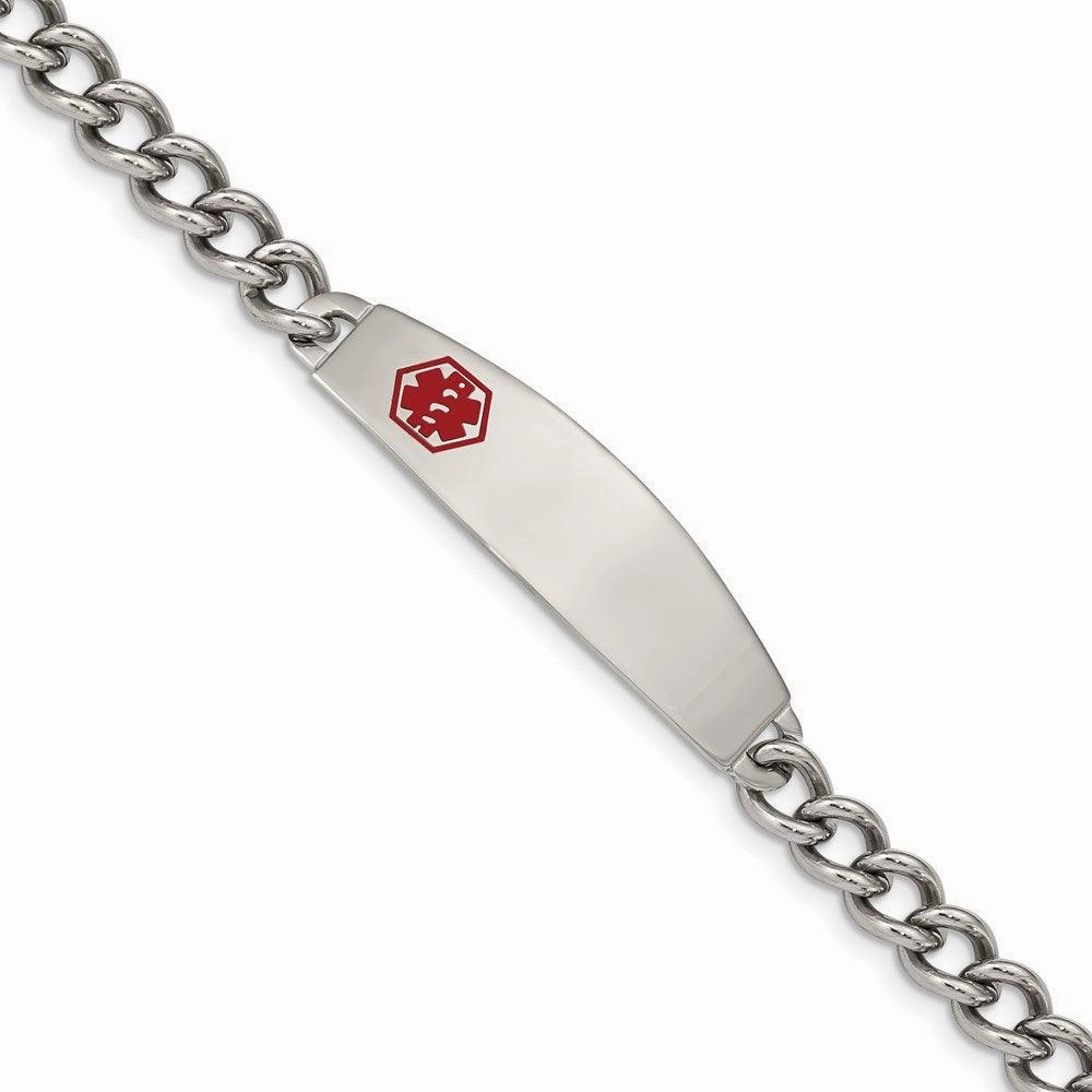 Stainless Steel Polished w/ Red Enamel 8.5in Medical Bracelet