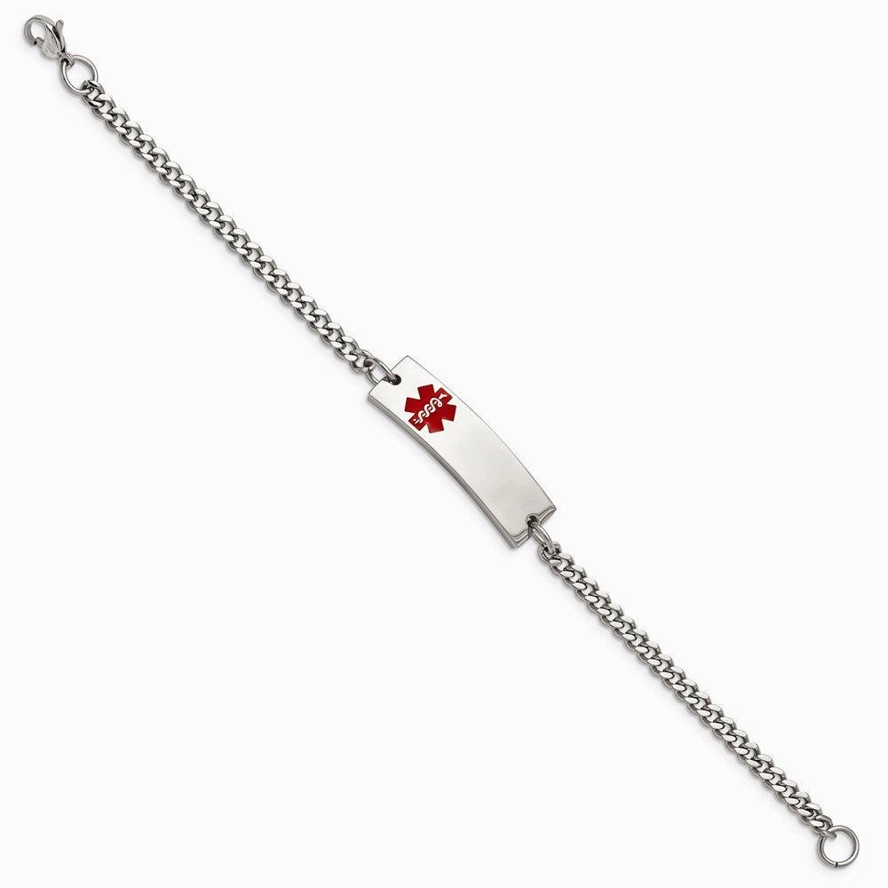 Stainless Steel Polished w/Red Enamel 8.75in Medical ID Bracelet