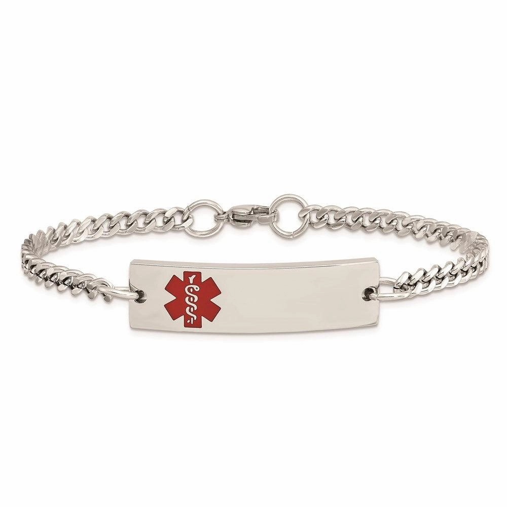 Stainless Steel Polished w/Red Enamel 8.75in Medical ID Bracelet