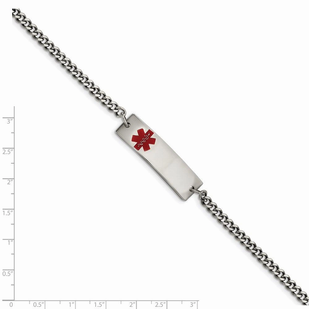 Stainless Steel Polished w/Red Enamel 8.75in Medical ID Bracelet