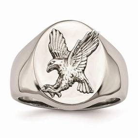 Stainless Steel Polished w/Sterling Silver Rhodium-plated Eagle Ring