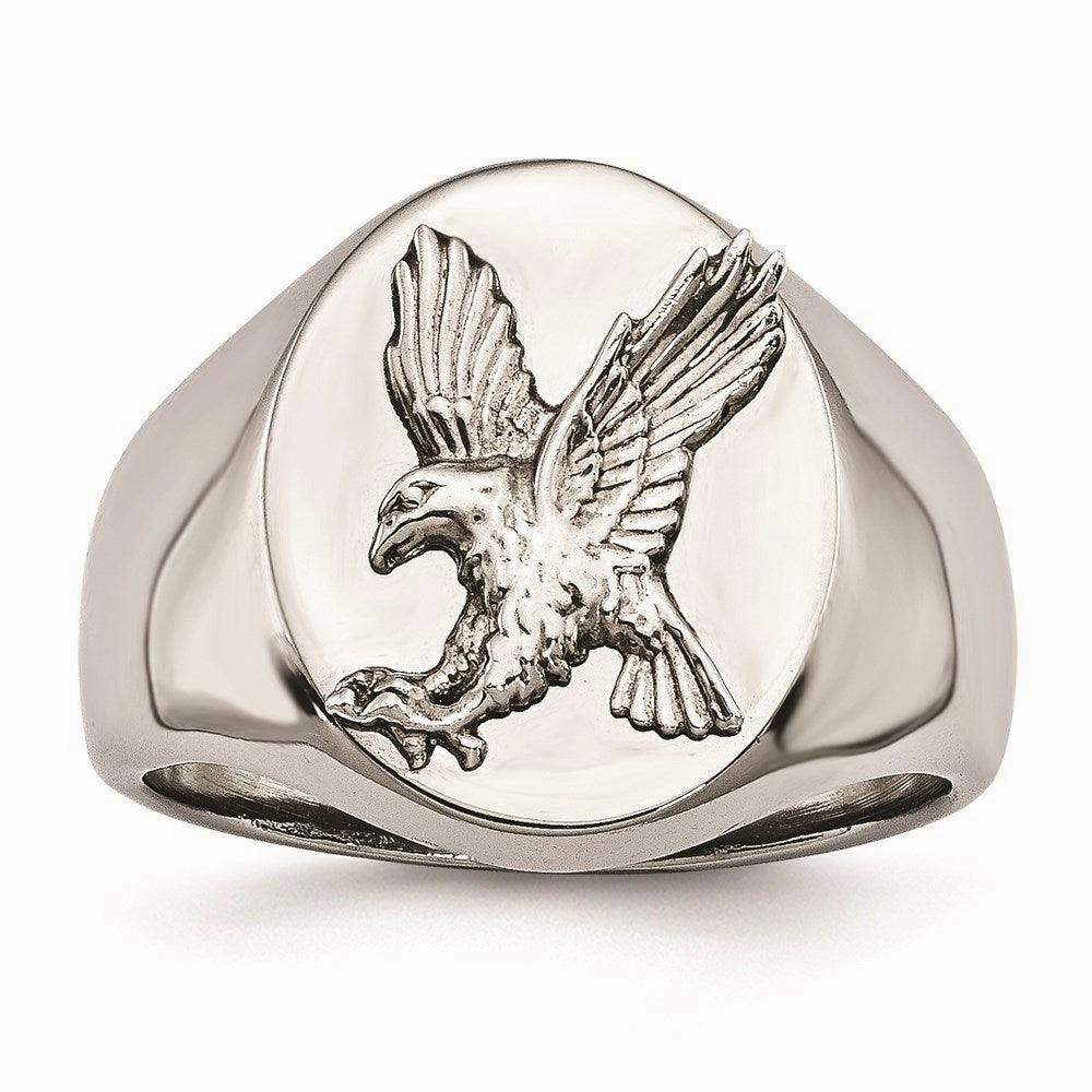 Stainless Steel Polished w/Sterling Silver Rhodium-plated Eagle Ring