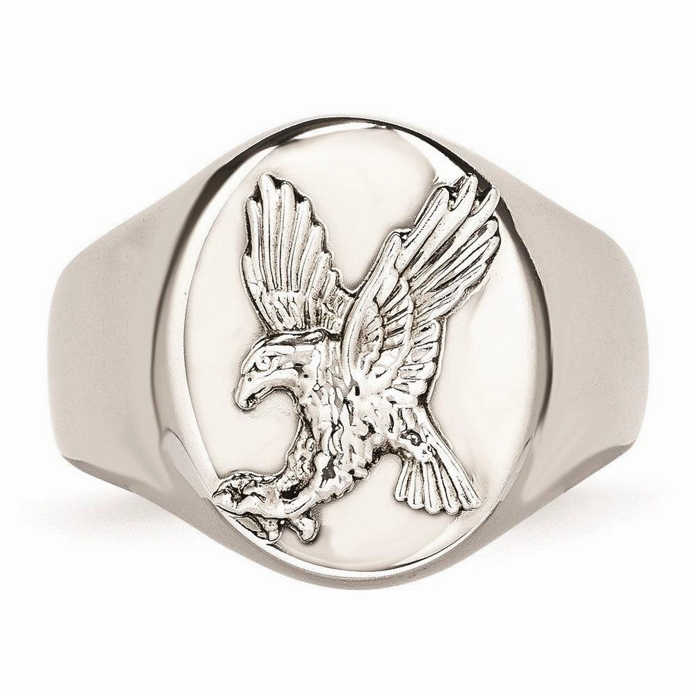 Stainless Steel Polished w/Sterling Silver Rhodium-plated Eagle Ring