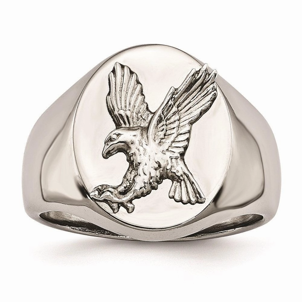 Stainless Steel Polished w/Sterling Silver Rhodium-plated Eagle Ring