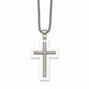 Stainless Steel Polished White Ceramic Cross CZ 23.75in Necklace