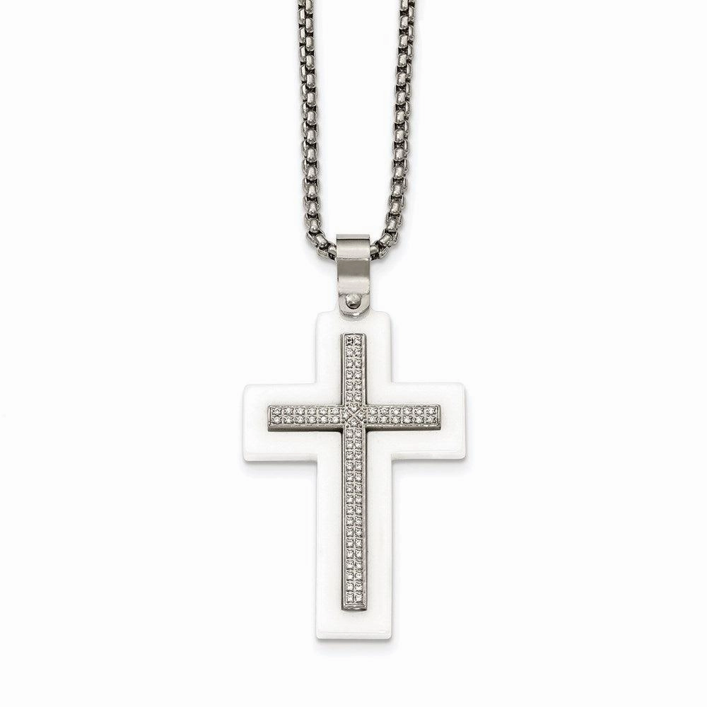 Stainless Steel Polished White Ceramic Cross CZ 23.75in Necklace