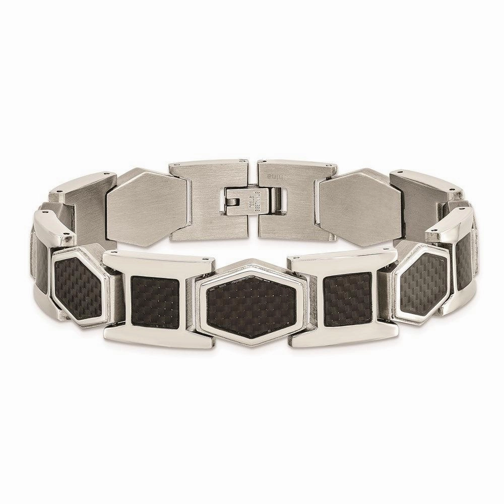 Stainless Steel Polished with Black Carbon Fiber Inlay 8.75 in Link Bracele