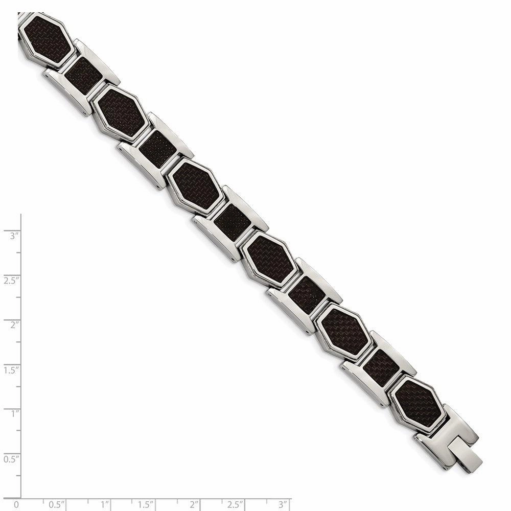 Stainless Steel Polished with Black Carbon Fiber Inlay 8.75 in Link Bracele