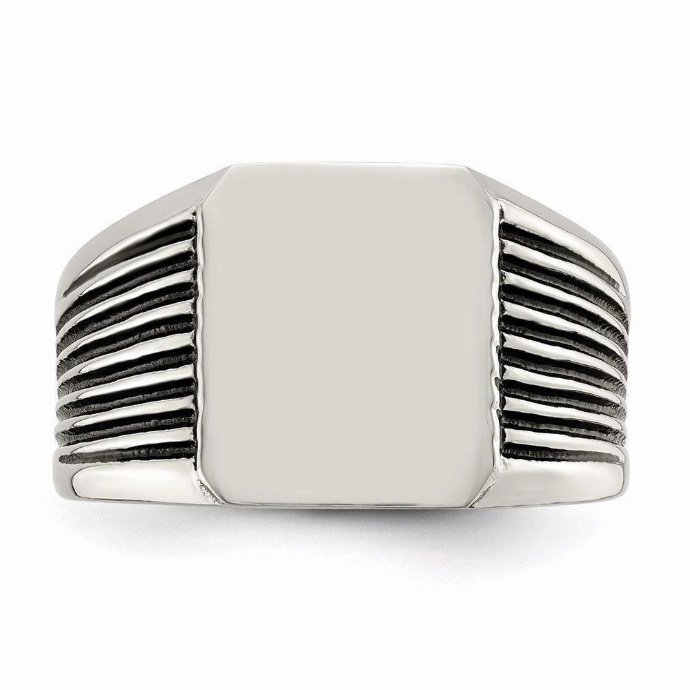 Stainless Steel Polished with Black Enamel Signet Ring