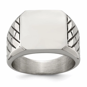 Stainless Steel  Polished with Black Enamel Signet Ring