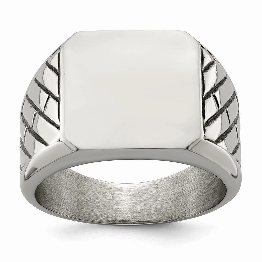 Stainless Steel  Polished with Black Enamel Signet Ring