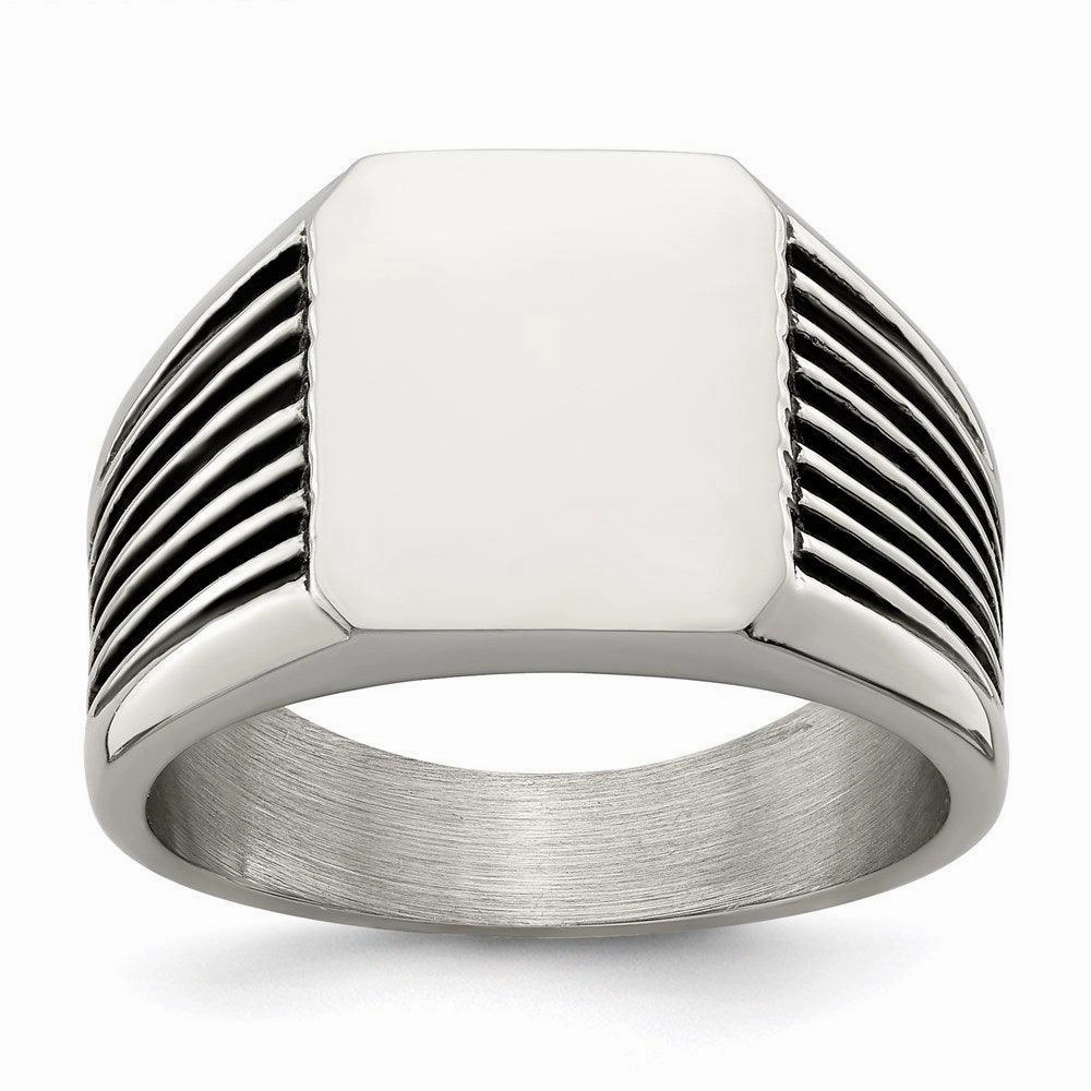 Stainless Steel Polished with Black Enamel Signet Ring