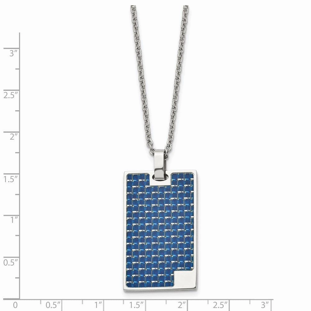 Stainless Steel Polished with Blue Carbon Fiber Inlay Dog Tag Necklace