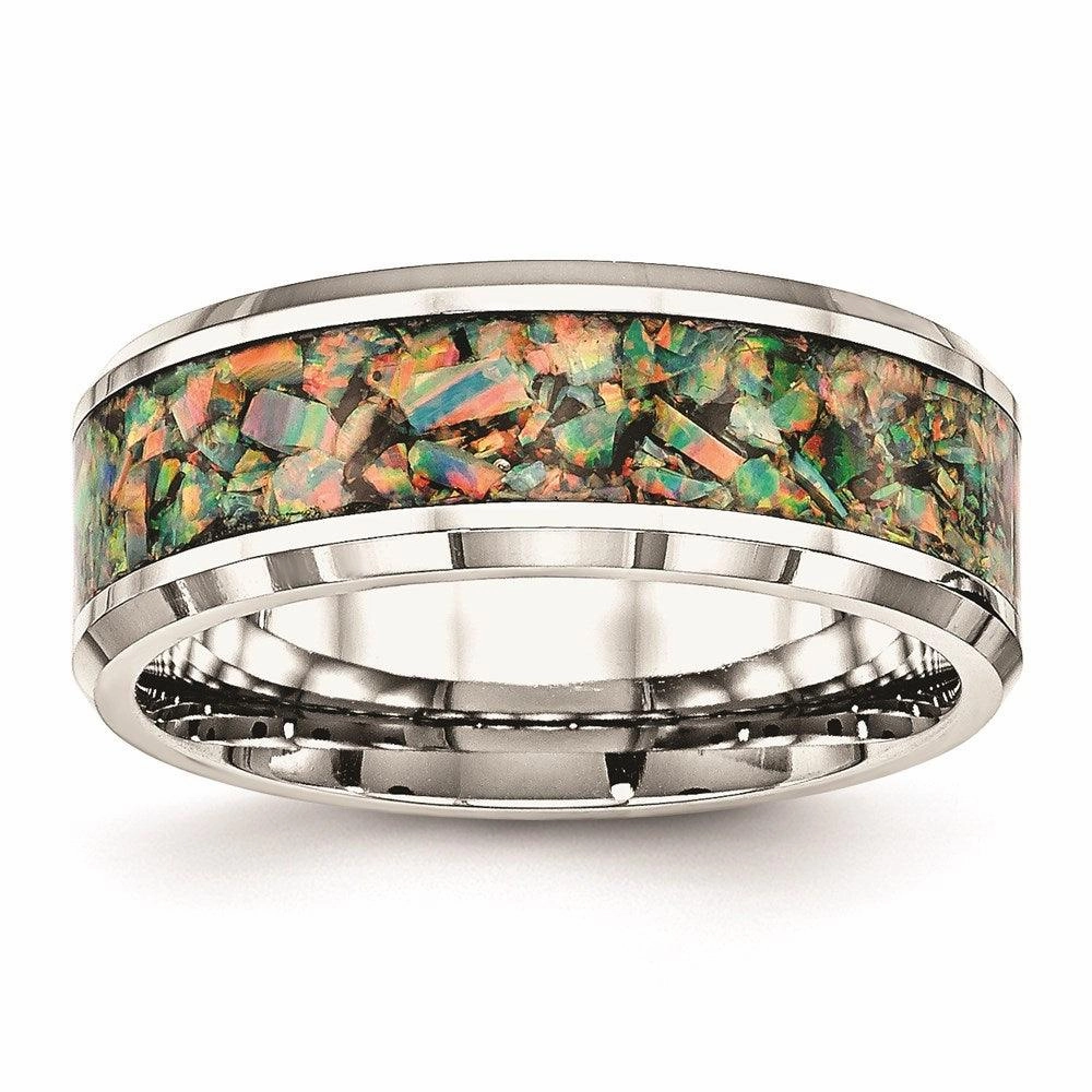 Stainless Steel Polished with Imitation Opal 8mm Men's Ring