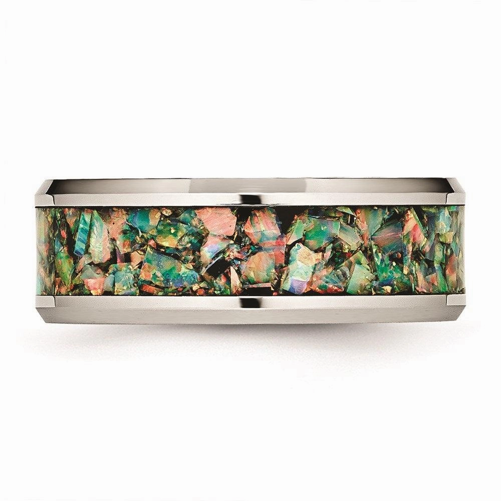 Stainless Steel Polished with Imitation Opal 8mm Men's Ring