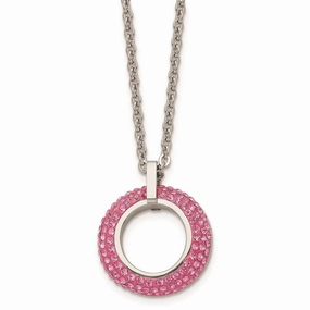 Stainless Steel Polished with Pink Crystal Circle Necklace
