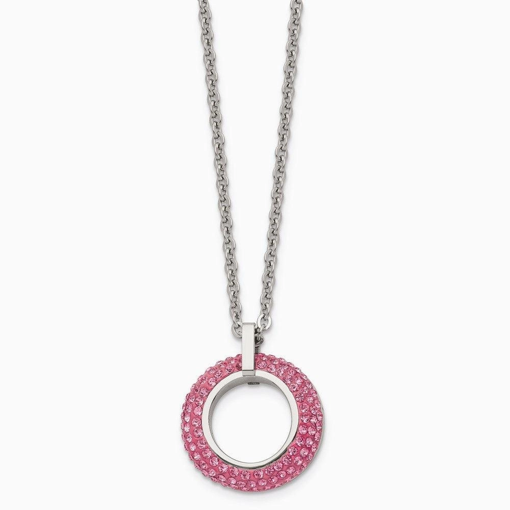 Stainless Steel Polished with Pink Crystal Circle Necklace