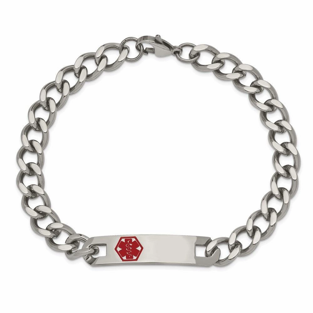 Stainless Steel Polished with Red Enamel 9.5in Medical ID Bracelet