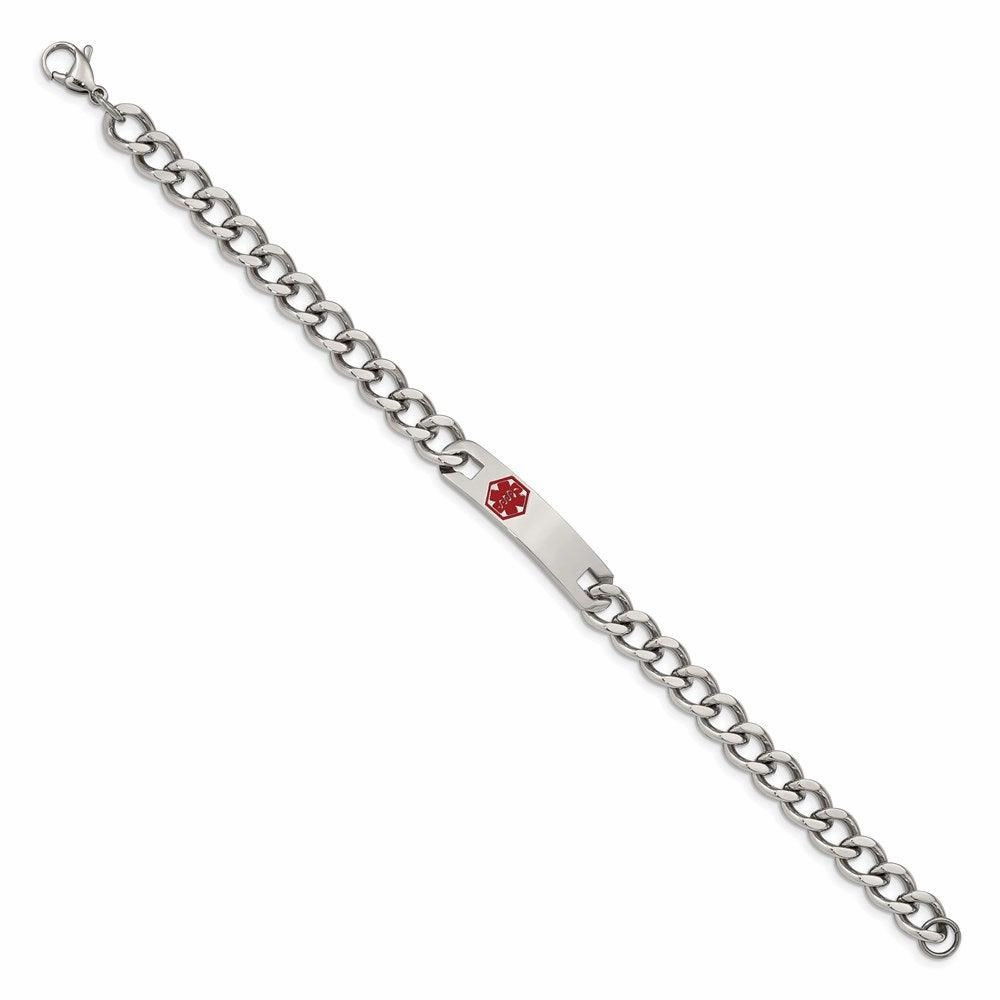 Stainless Steel Polished with Red Enamel 9.5in Medical ID Bracelet