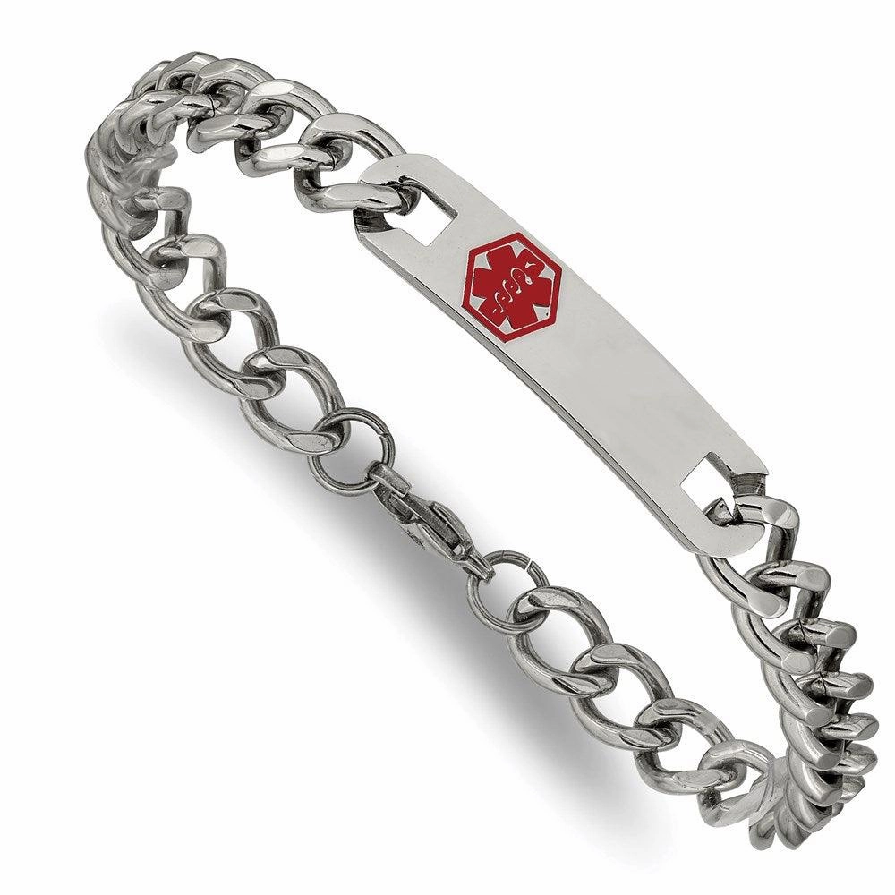 Stainless Steel Polished with Red Enamel 9.5in Medical ID Bracelet