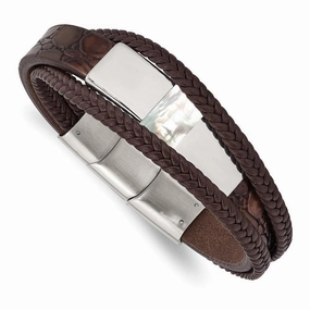 Stainless Steel Polished with Shell Pearl Leather w/.5in ext. 8in Bracelet
