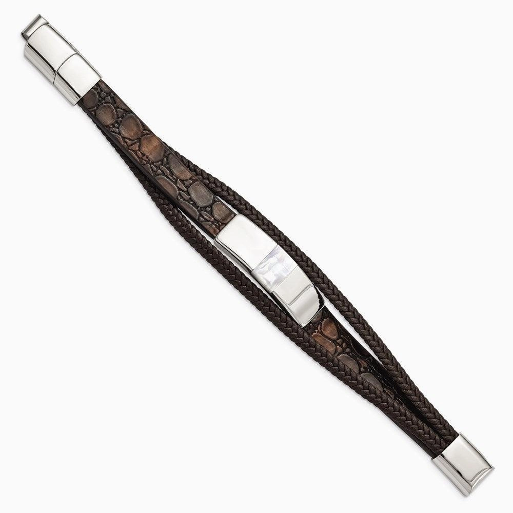 Stainless Steel Polished with Shell Pearl Leather w/.5in ext. 8in Bracelet