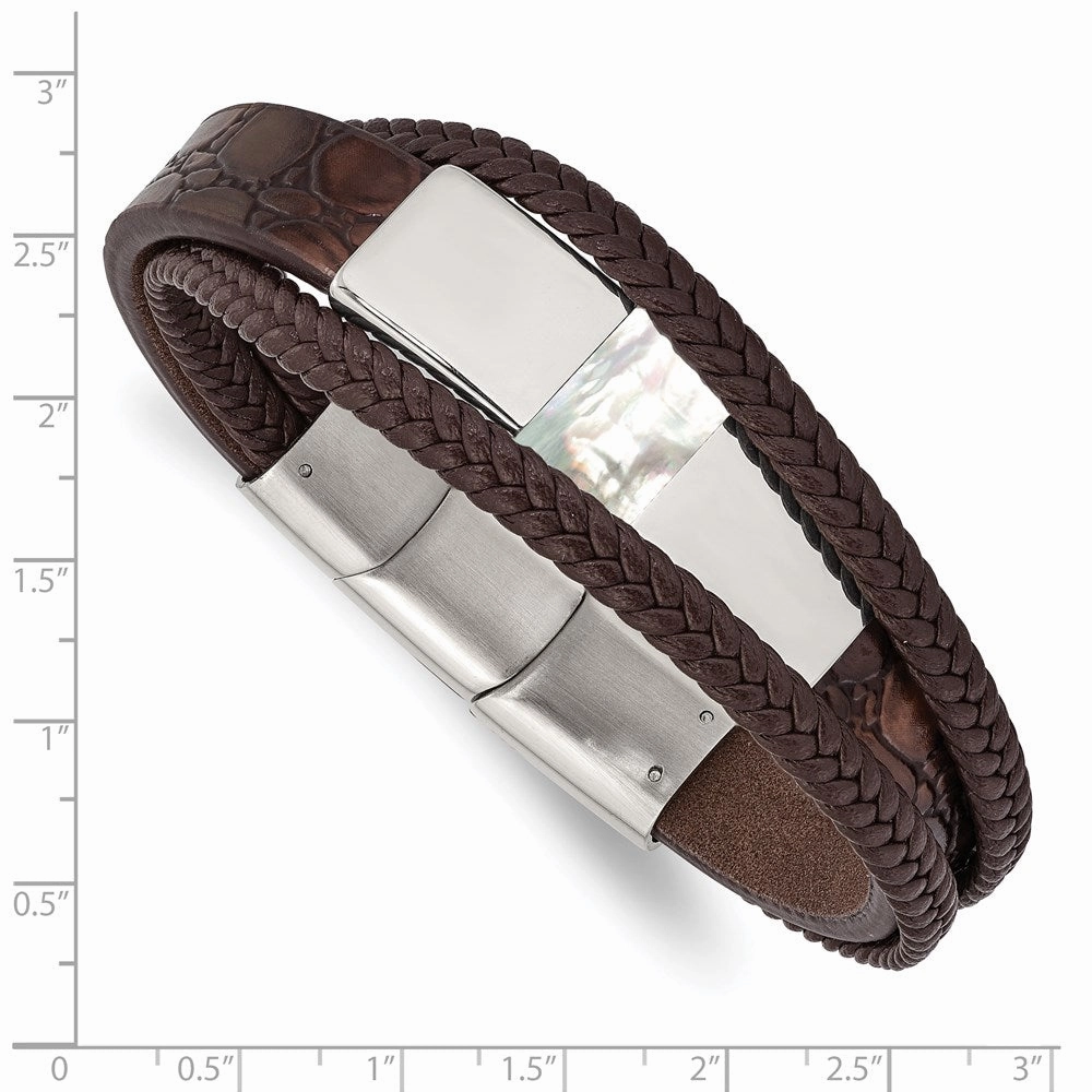 Stainless Steel Polished with Shell Pearl Leather w/.5in ext. 8in Bracelet