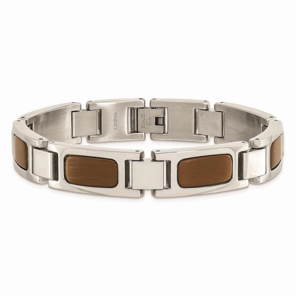 Stainless Steel Polished with Tiger's Eye 8.5in Bracelet